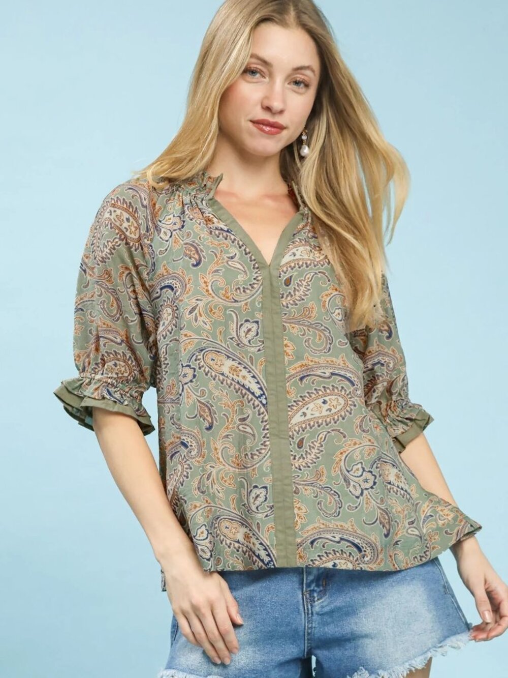 Sage Paisley Top with Ruffle Sleeves